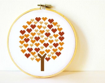 Counted Cross stitch Pattern PDF. Instant download. Deciduous Tree of Hearts. Includes easy beginner instructions.