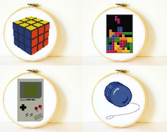 Counted Cross stitch Pattern Collection PDF. Retro toys patterns. Instant download. Includes easy beginner instructions.