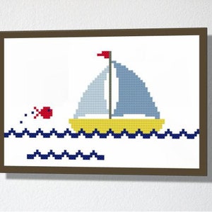 Counted Cross stitch Pattern PDF. Instant download. Cute Yacht. Includes easy beginners instructions. image 1