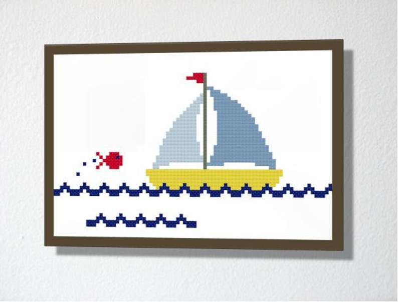 Counted Cross stitch Pattern PDF. Instant download. Cute Yacht. Includes easy beginners instructions. image 1