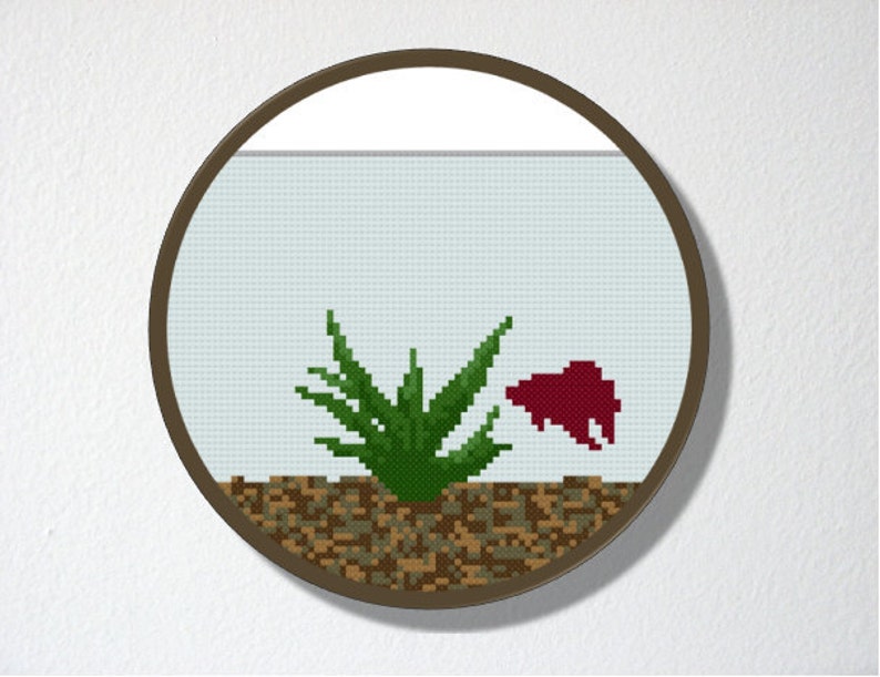 Counted Cross stitch Pattern PDF. Instant download. Fishbowl Aquarium. Includes easy beginner instructions. image 1