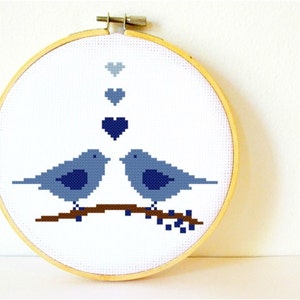 Counted Cross stitch Pattern PDF. Instant download. Love Birds in Blue. Includes easy beginner instructions. image 1