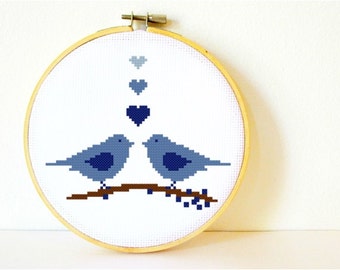 Counted Cross stitch Pattern PDF. Instant download. Love Birds in Blue. Includes easy beginner instructions.