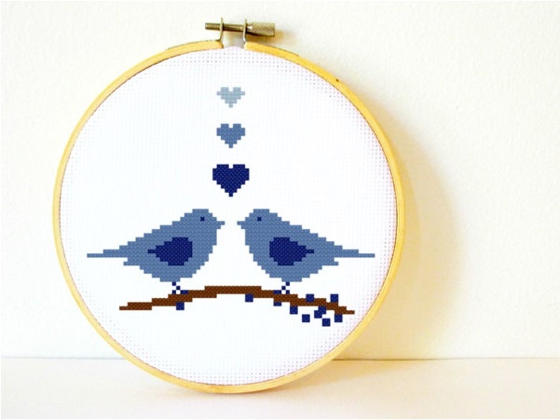 Counted Cross stitch Pattern PDF. Instant download. Love Birds in Blue. Includes easy beginner instructions. image 1