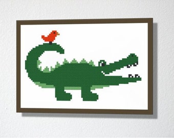 Counted Cross stitch Pattern PDF. Instant download. Cute Crocodile. Includes beginner instructions.