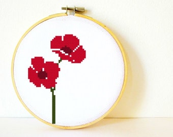 Counted Cross stitch Pattern PDF. Instant download. Poppies. Includes easy beginner instructions.