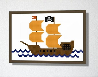 Counted Cross stitch Pattern PDF. Instant download. Pirate Ship. Includes beginners instructions.