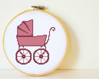 Counted Cross stitch Pattern PDF. Instant download. Vintage Baby Carriage. Includes easy beginners instructions.