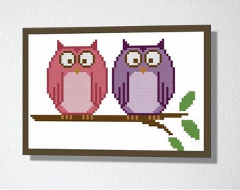 Counted Cross stitch Pattern PDF. Instant download. Cute Owls. Includes beginners instructions.