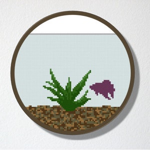 Counted Cross stitch Pattern PDF. Instant download. Fishbowl Aquarium. Includes easy beginner instructions. image 2