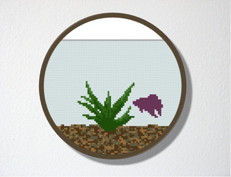 Counted Cross stitch Pattern PDF. Instant download. Fishbowl Aquarium. Includes easy beginner instructions. image 2