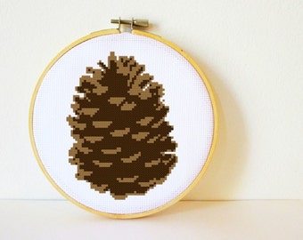 Counted Cross stitch Pattern PDF. Instant download. Pine cone. Includes easy beginner instructions.