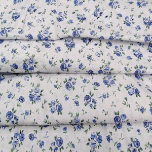 Blue Floral Cotton Fabric: Shabby Chic Rose Print, Cottagecore Sewing