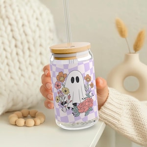 Whimsical Cute Purple Ghost 16oz Sipper Glass with Bamboo Lid and Glass Straw, Cute Halloween Fall Gift for Her, Office Coffee Decor