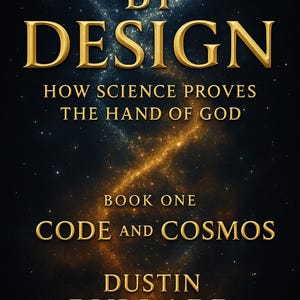 May include: Book cover titled "BY DESIGN" with gold lettering on a dark background with a starry design. The text reads "HOW SCIENCE PROVES THE HAND OF GOD" and "BOOK ONE CODE AND COSMOS" by Dustin Bullard.