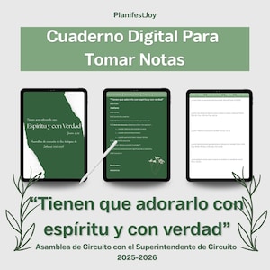 May include: Digital notebook design with the text "Cuaderno Digital Para Tomar Notas" and "Tienen que adorarlo con espíritu y con verdad". The image shows three tablets displaying notes, with a stylus on one. The theme is related to note-taking.