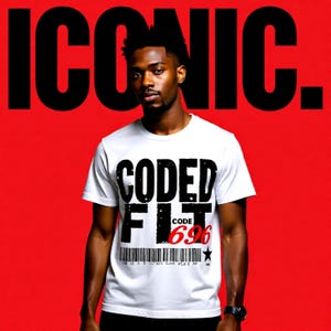 May include: A white t-shirt with the words "CODED FIT" in black, and "CODE 696" in red. The word "ICONIC" is in large black letters on a red background. A man is wearing the shirt.