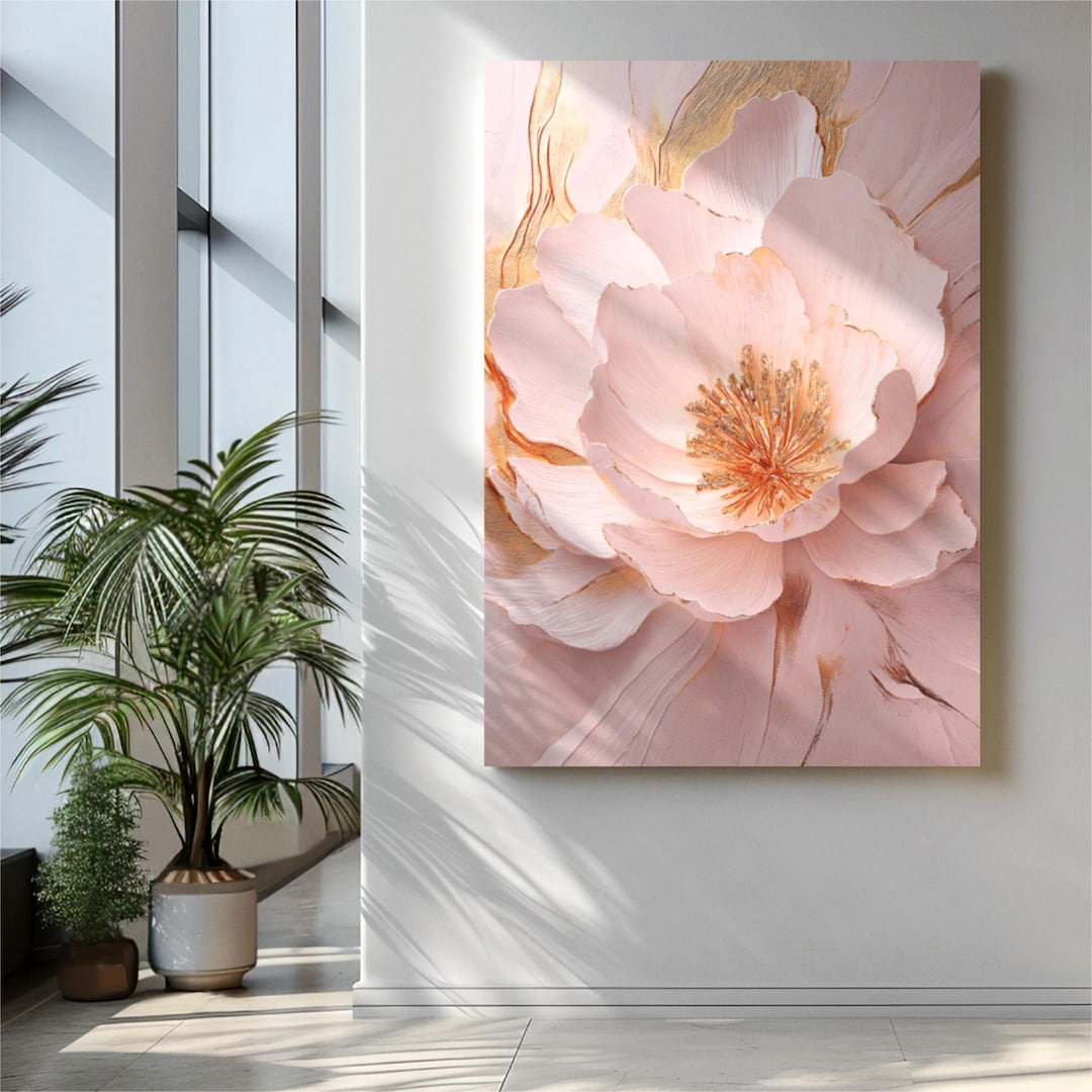 Rose Gold Flower Wall Art, Textured Modern Canvas Print, Large Framed ...