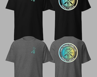 May include: Four t-shirts, two black and two gray, featuring the "Lake Natoma Paddle Club" logo. The front of the shirts display a paddleboard graphic. The back of the shirts have a circular logo with text and a paddle design.