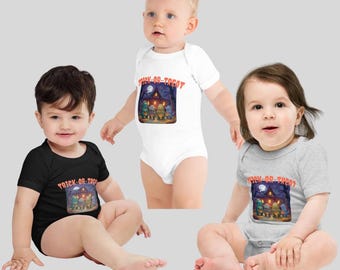 May include: Three baby onesies in black, white, and gray. Each onesie has a graphic of a haunted house with the text "TRICK-OR-TREAT" in orange. The babies are sitting and standing, showcasing the Halloween-themed apparel.