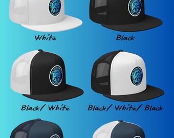 May include: Six trucker hats in various color combinations. The hats feature a white mesh back, a curved brim, and a circular logo. Color options include white, black, black/white, black/white/black, navy, and navy/white.