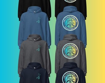 May include: Four hooded sweatshirts in black, blue, gray, and navy. Each features a small paddleboard graphic on the front left chest and a large circular Lake Natoma Paddle Club Folsom, California logo with crossed paddles on the back.