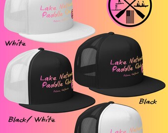 May include: Four trucker hats in white, black, and black/white combinations. Each hat features the text "Lake Natoma Paddle Club" in pink and yellow. A circular logo with paddles and the number "916" is also visible.
