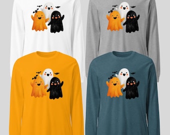 May include: Four long-sleeve shirts in white, grey, yellow, and teal. Each shirt features a graphic of three cartoon ghosts in orange, white, and black, with bats. A fun Halloween-themed design.