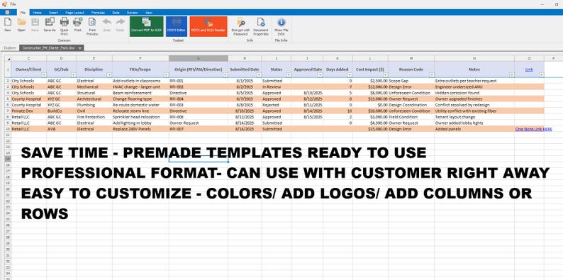 Construction PM Starter Pack - Change Order Log, RFI Log, Submittal ...
