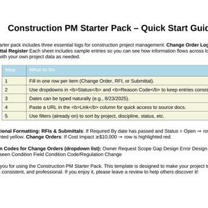 Construction PM Starter Pack - Change Order Log, RFI Log, Submittal ...