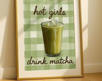Impresión artística de chicas calientes bebiendo matcha / descarga de impresión de matcha / arte de pared de matcha / carrito de café regalo para amantes del matcha