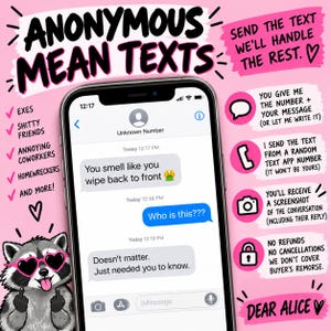 Puede incluir: Un smartphone que muestra una conversación de mensajes de texto sobre un fondo rosa con el texto ANONYMOUS MEAN TEXTS, SEND THE TEXT WE'LL HANDLE THE REST, y un mapache con gafas de sol en forma de corazón haciendo una peineta.