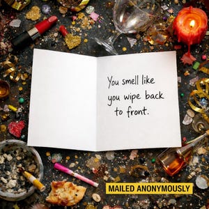 Puede incluir: Una tarjeta de felicitación blanca abierta con el texto "You smell like you wipe back to front" está sobre una superficie oscura cubierta de confeti y restos de fiesta. Las palabras "MAILED ANONYMOUSLY" están en la parte inferior.