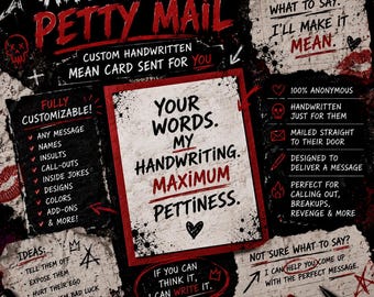 May include: A black and white promotional graphic for a custom handwritten card service titled Anonymous Petty Mail. The design features red text accents, skull icons, and lists service details including fully customizable messages, insults, and anonymous mailing options.