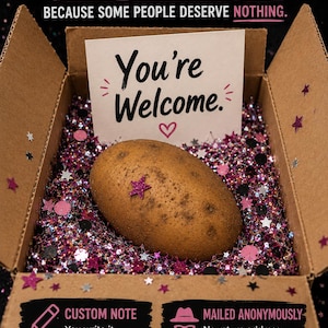 May include: A brown potato inside a cardboard box filled with pink, black, and silver star-shaped confetti. A white card inside reads "You're Welcome." Text on the box includes "WE MAIL POTATOES," "REAL. POINTLESS. PERSONAL," and "BECAUSE SOME PEOPLE DESERVE NOTHING."