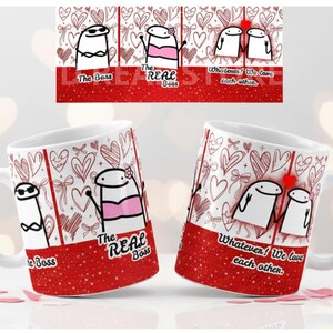 May include: White ceramic mugs with a red glitter band and cartoon figures. One mug says "The Boss" and "The Real Boss", the other says "Whatever! We love each other." The mugs have a pattern of hearts and bows.