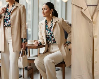 Linda Allard Ellen Tracy Cream Wool Blend Longline Jacket w/Gold Hoop Earrings8