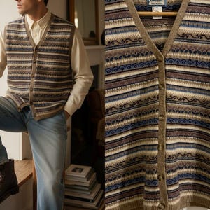 May include: A V-neck button-down sweater vest featuring a horizontal striped pattern in shades of tan, brown, blue, and cream. The knit garment has a solid tan trim along the neckline and button placket, with a Pendleton label at the inner neck.