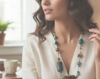 Artisan Boho Beaded Necklace • Turquoise + Amber Mix • Long Layering Piece