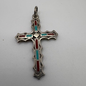 VTG Navajo Turquoise & Coral Sterling .925 Cross Pendant