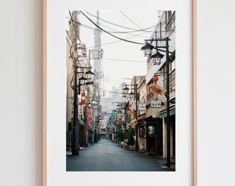 Op de afbeelding: Een ingelijste prent van een Japanse straatscène. De afbeelding toont een smalle straat met gebouwen, elektriciteitspalen en bovenleidingen. Lantaarns en borden hangen aan de gebouwen. De Tokyo Skytree is in de verte zichtbaar.