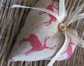 linen heart made in Peony and Sage stag  fabric , lavender filled linen bow with button trim