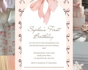 Pink Bow First Birthday Invitation, Editable Canva Template (Digital Download)