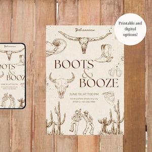 May include: A rustic-themed invitation with the text "Boots & Booze" and cowboy-related illustrations. The design includes a smartphone displaying the same invitation. The background is a wooden wall.