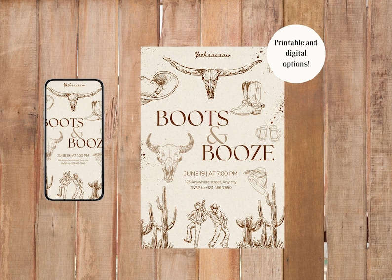 May include: A rustic-themed invitation with the text "Boots & Booze" and cowboy-related illustrations. The design includes a smartphone displaying the same invitation. The background is a wooden wall.