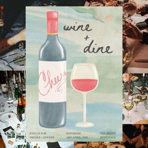 Pode incluir: Um convite para um evento de vinho e jantar. O design apresenta uma garrafa de vinho com um rótulo "Cheers" e uma taça de vinho cheia de vinho tinto. O texto diz "wine + dine", com detalhes do evento: "Join us for drinks + dinner" no sábado, 3 de abril, 19h00 em The Smith Residence.