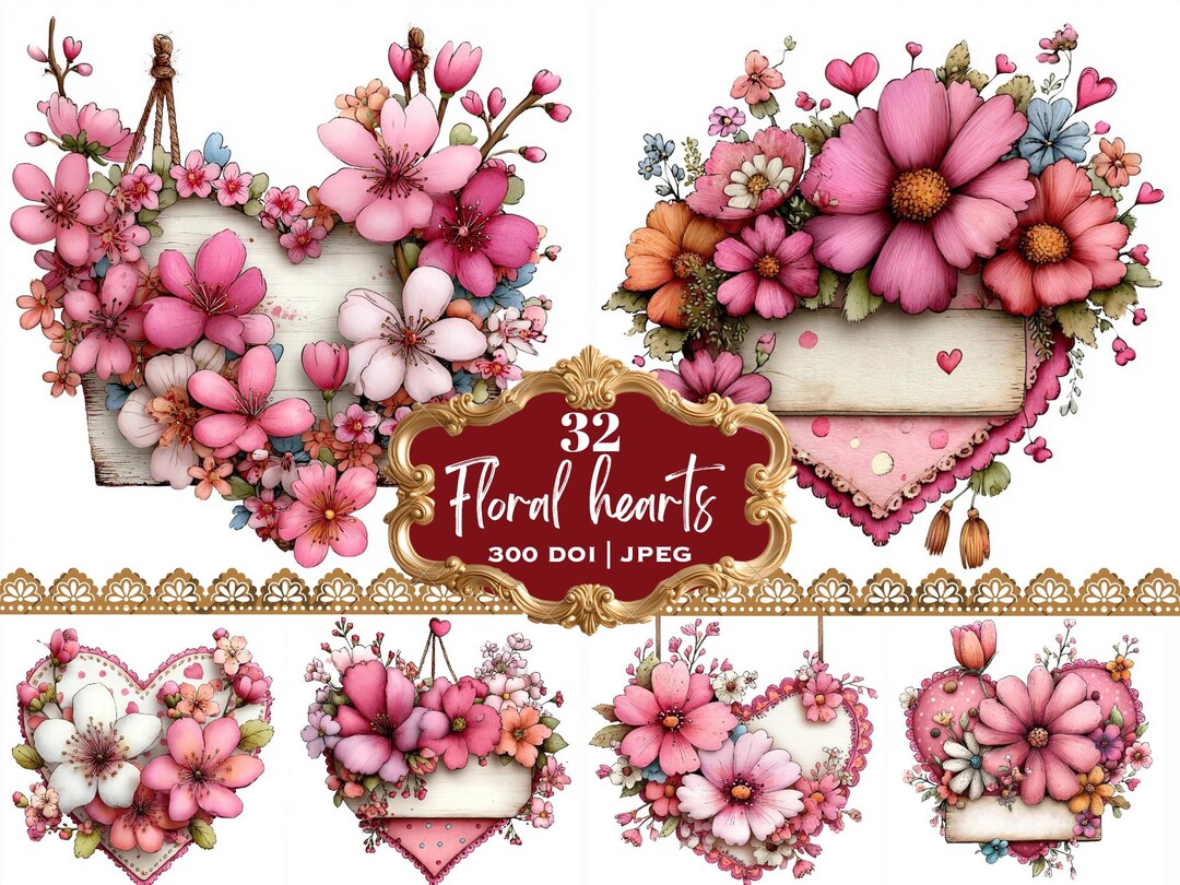 Whimsical Floral Hearts Clipart PNG, Watercolor Flower Heart ...