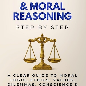 May include: Book cover with the title "ETHICAL & MORAL REASONING" in blue, with the subtitle "STEP BY STEP". A gold-colored scale of justice is centered below the title. The book's description includes moral logic, ethics, and everyday choices.