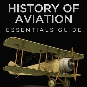May include: Book cover titled "History of Aviation Essentials Guide" with a vintage airplane illustration. The image features a biplane in tan and brown tones against a black background. Text includes "The Timeline of Flight" and author's name.