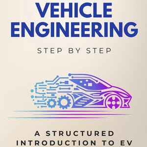 Könnte beinhalten: Buchcover mit dem Titel "Electric Vehicle Engineering" mit blauem Text und einer stilisierten Elektroauto-Grafik in Blau und Lila. Der Untertitel lautet "Step by Step". Der Name des Autors, Tom Wilson, steht unten.